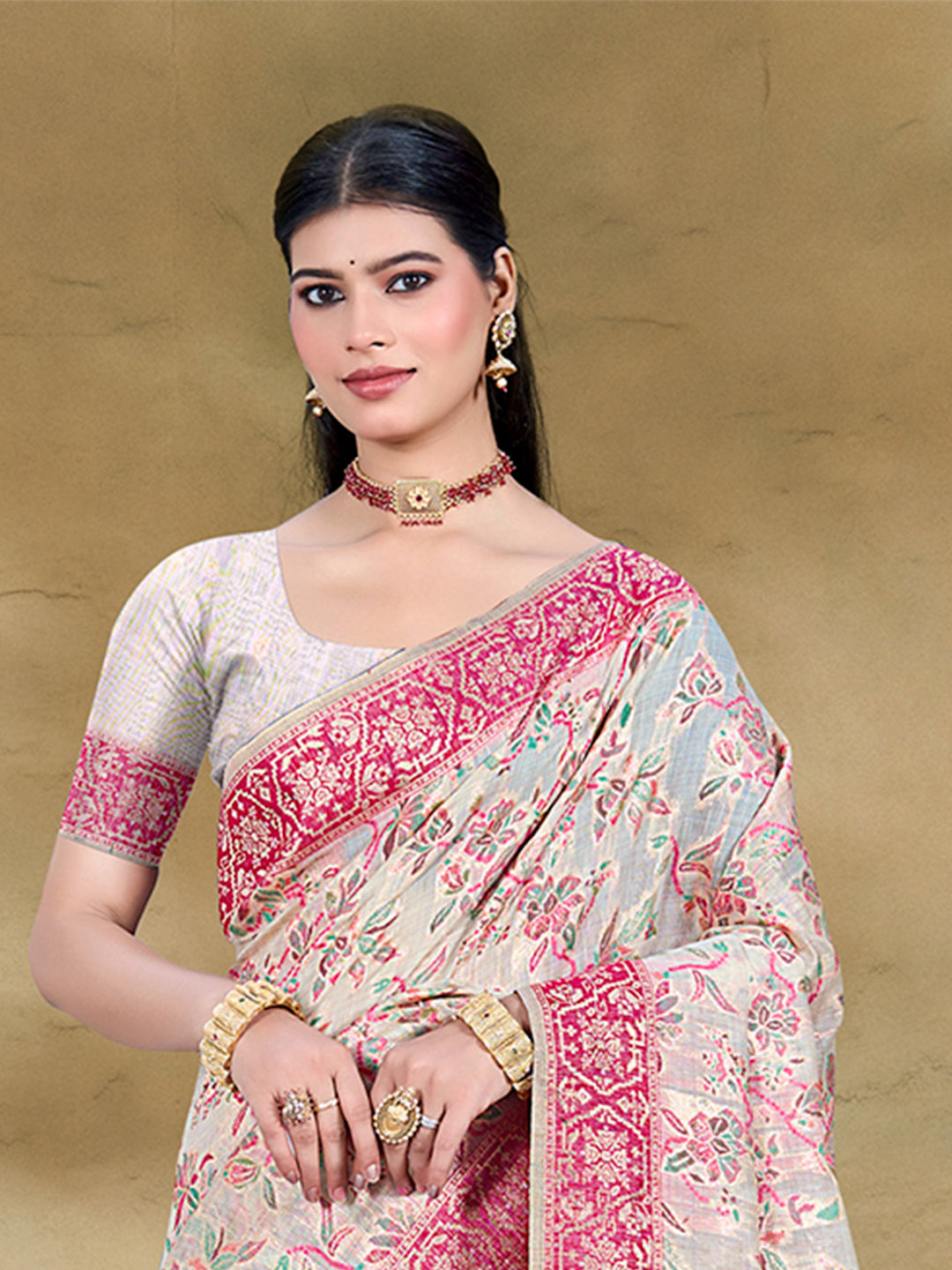 Sangam Prints Cream Cotton Silk With Meena Woven Work Traditional Saree