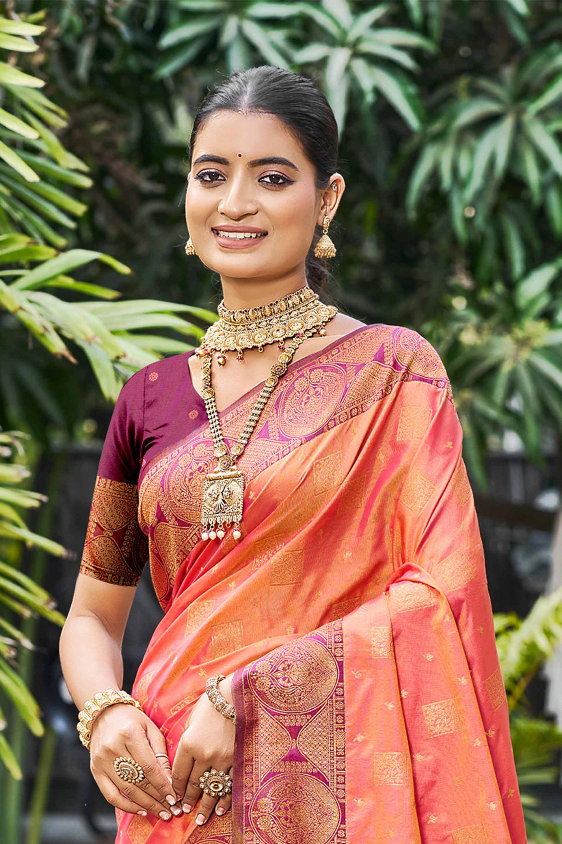 Sangam Prints Peach Orange Soft Silk Woven Work Traditional Saree