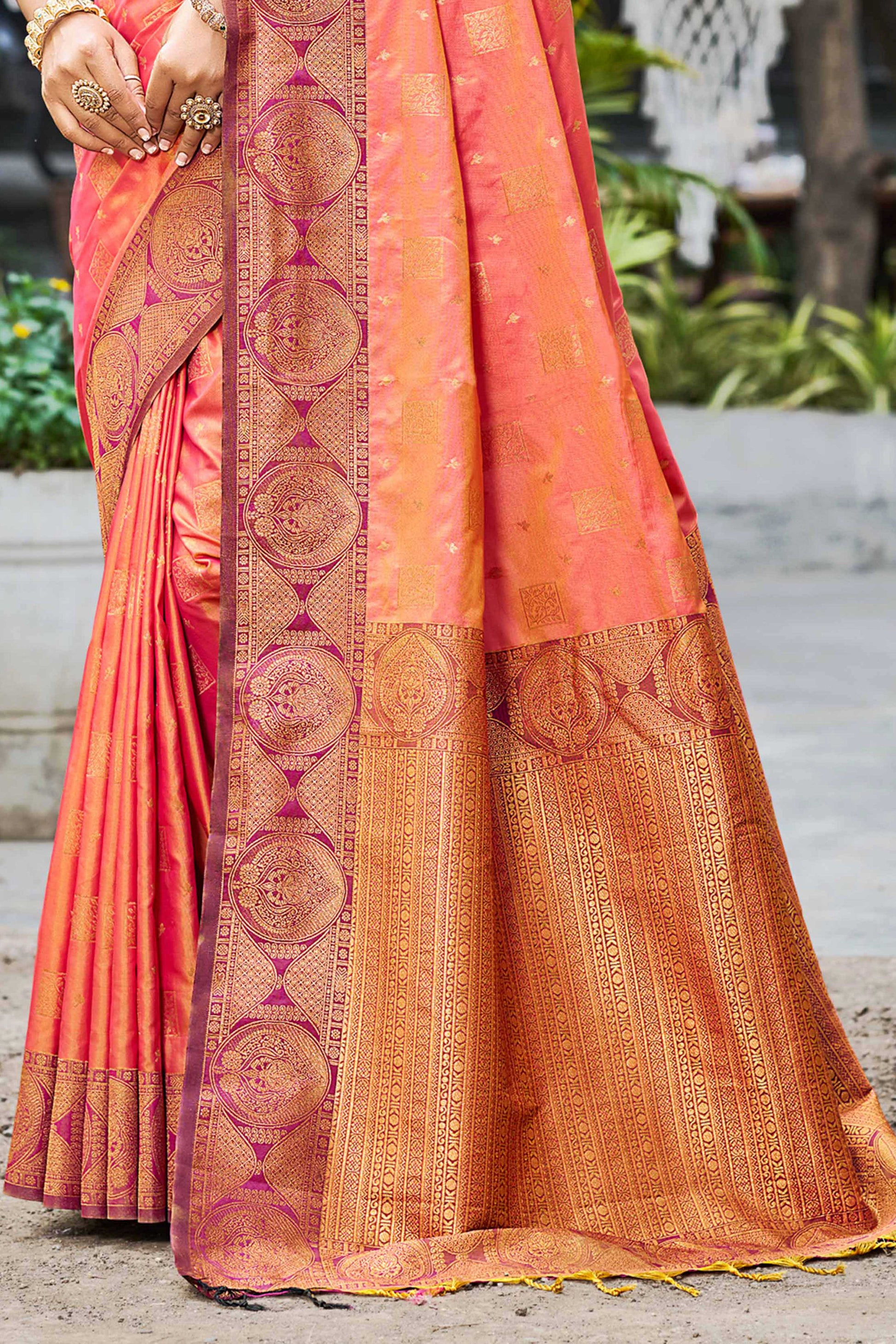Sangam Prints Peach Orange Soft Silk Woven Work Traditional Saree