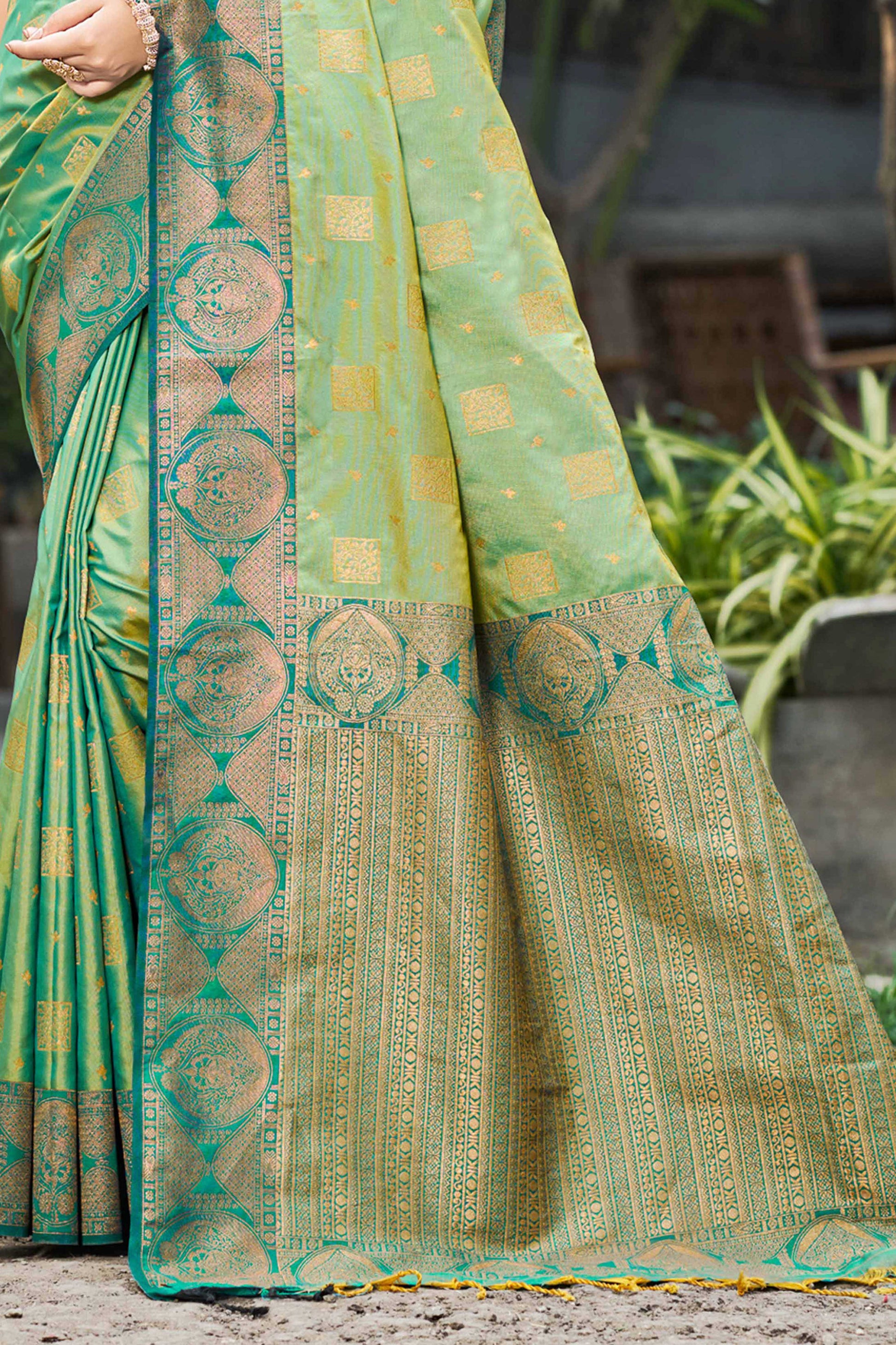 Sangam Prints Light Pista Green Soft Silk Woven Work Traditional Saree