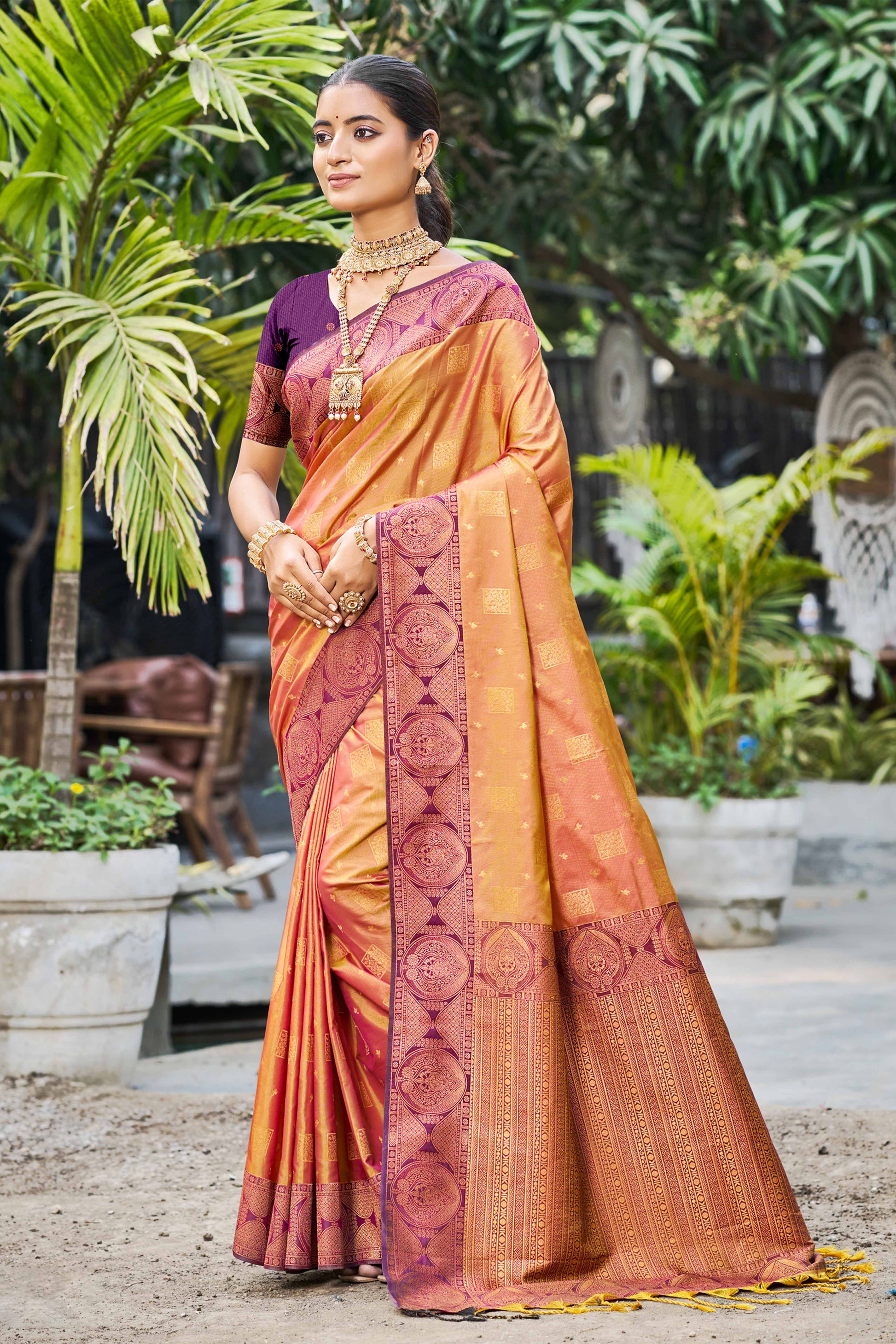 Sangam Prints Rust Orange Soft Silk Woven Work Traditional Saree