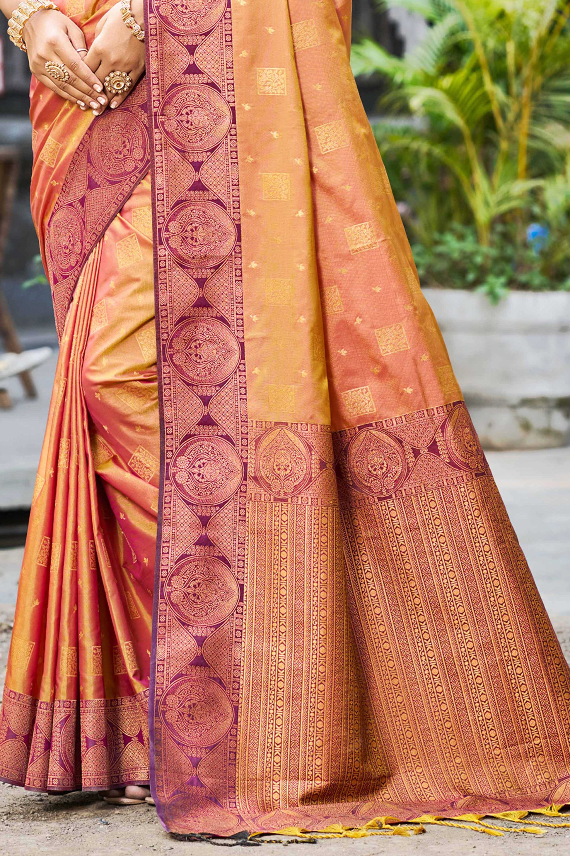 Sangam Prints Rust Orange Soft Silk Woven Work Traditional Saree
