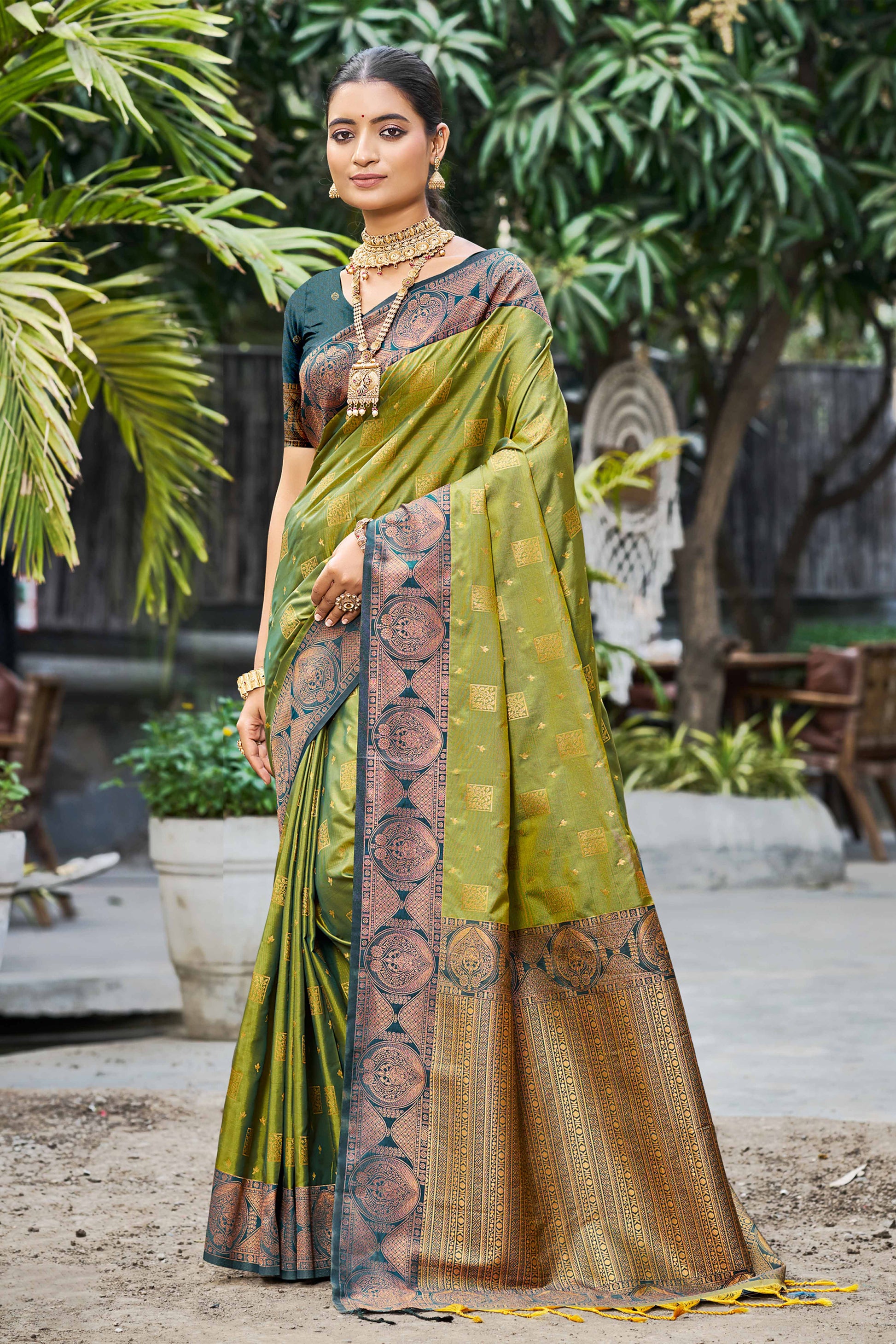 Sangam Prints Olive Green Soft Silk Woven Work Traditional Saree