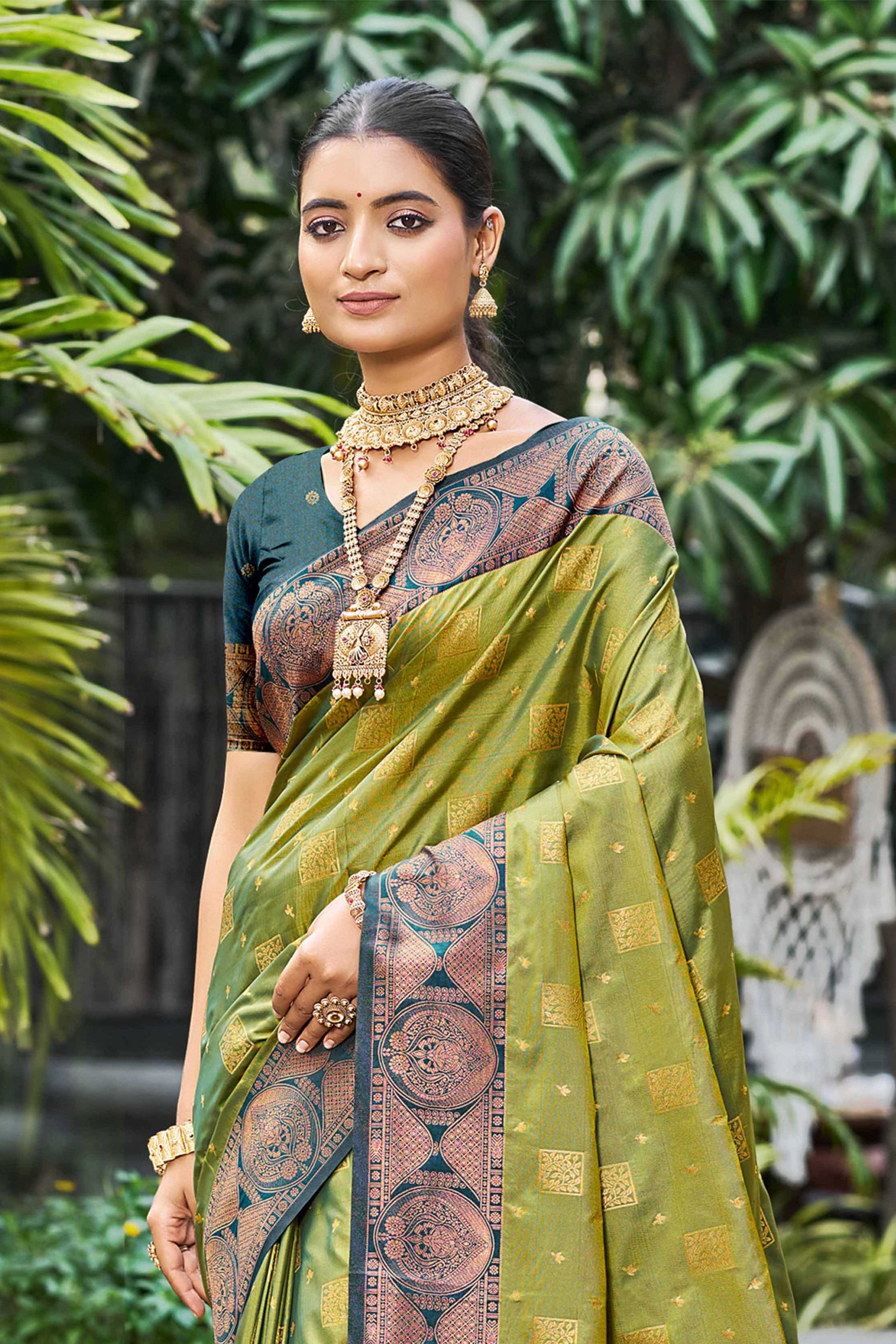 Sangam Prints Olive Green Soft Silk Woven Work Traditional Saree
