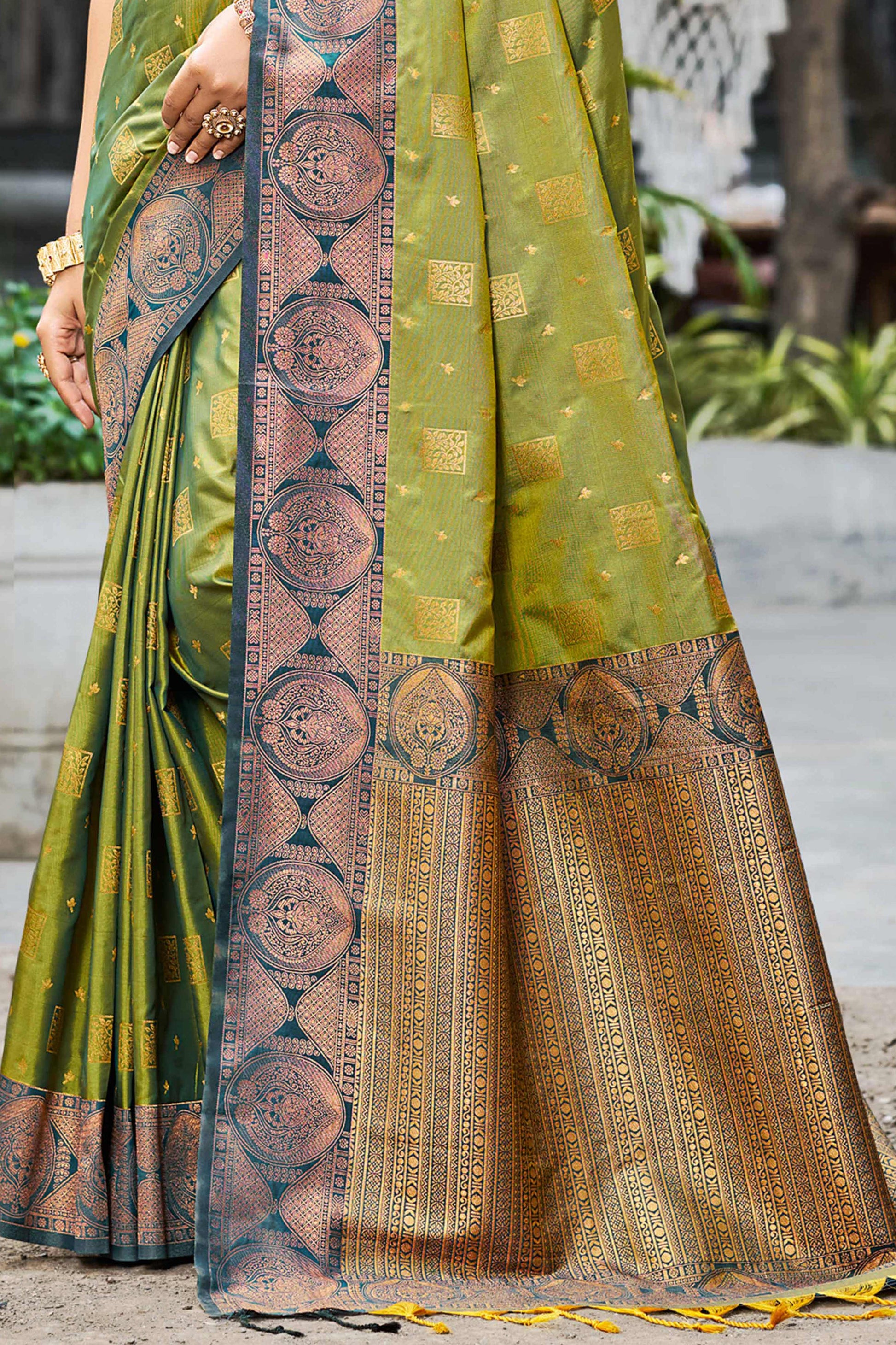 Sangam Prints Olive Green Soft Silk Woven Work Traditional Saree