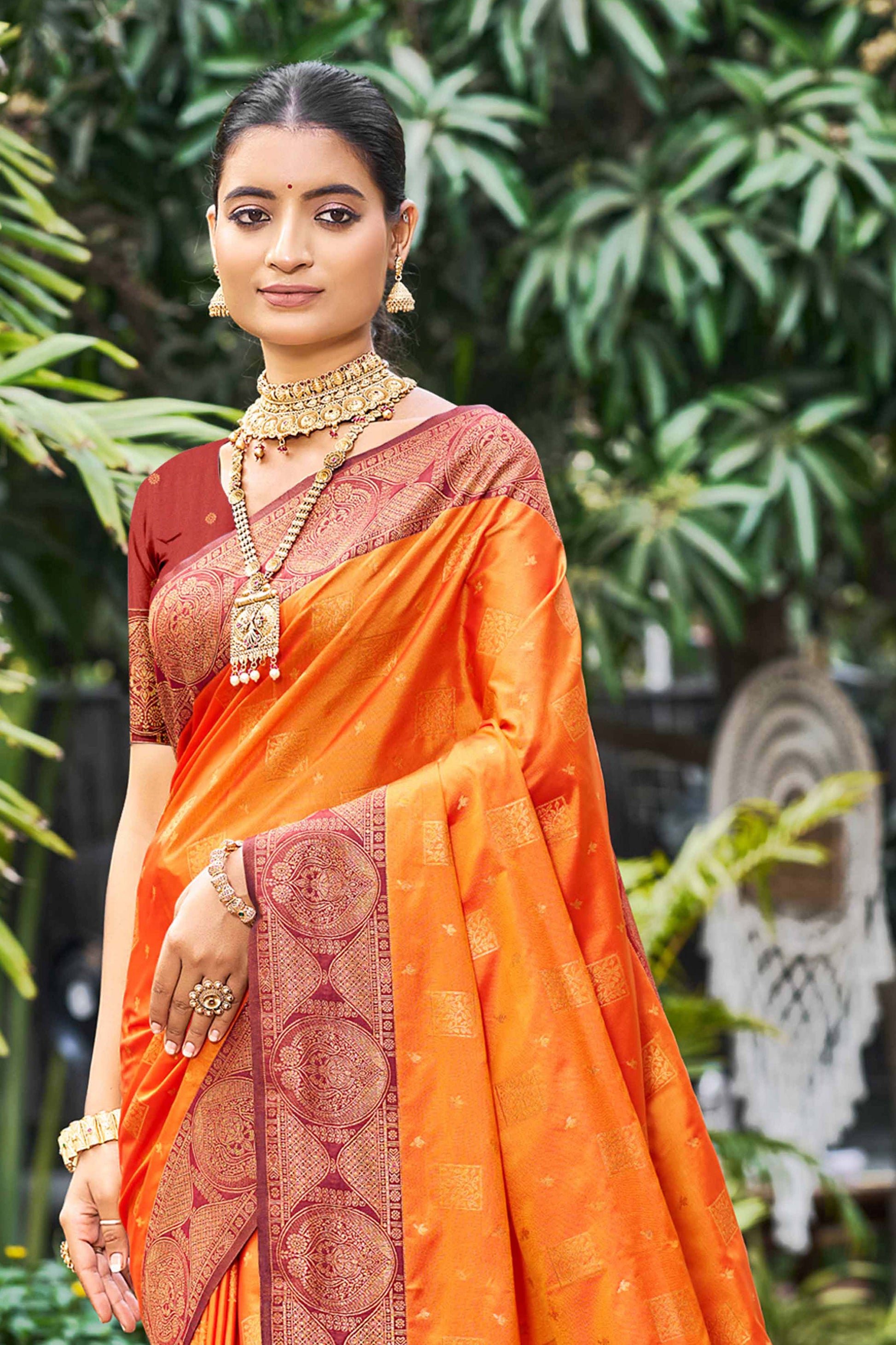Sangam Prints Saffron Orange Soft Silk Woven Work Traditional Saree