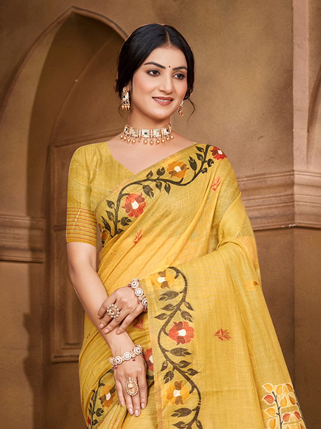 Sangam Prints Yellow Cotton Silk With Meena Woven Work Traditional Saree