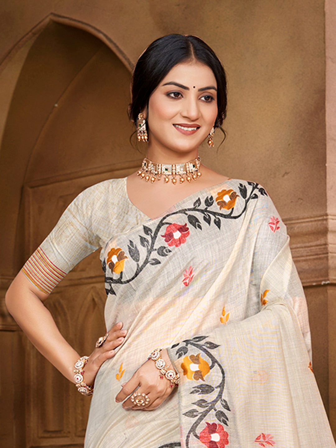 Sangam Prints Off-White Cotton Silk With Meena Woven Work Traditional Saree