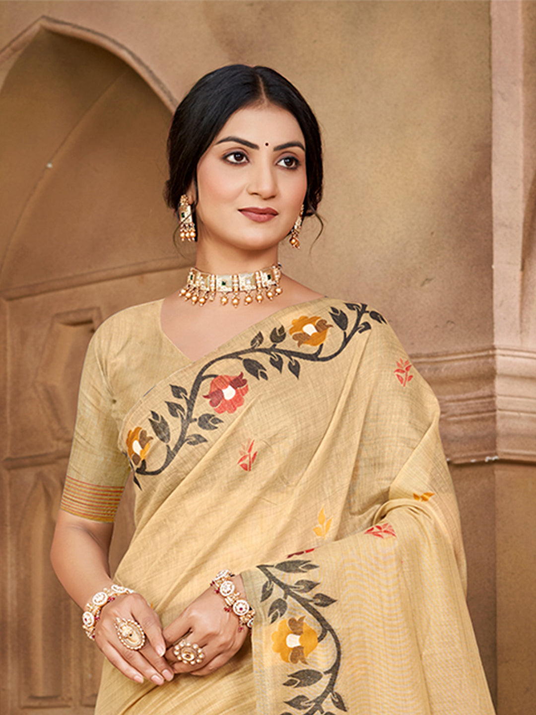 Sangam Prints Beige Cotton Silk With Meena Woven Work Traditional Saree