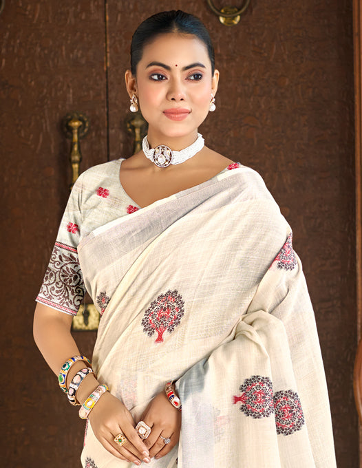 Sangam Prints Crem Linen Woven Work Traditional Saree