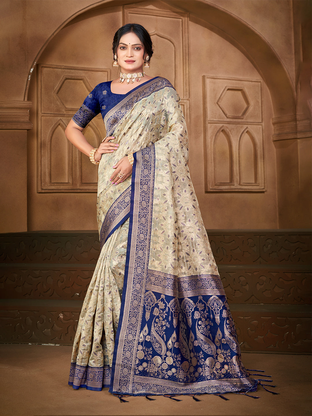 Sangam Prints Off-White Silk Woven Work Traditional Saree