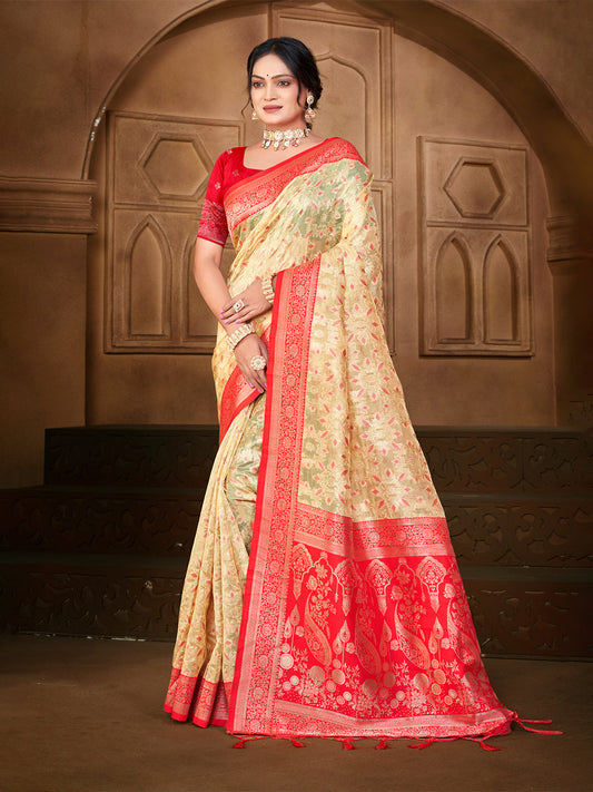 Sangam Prints Cream Silk Woven Work Traditional Saree