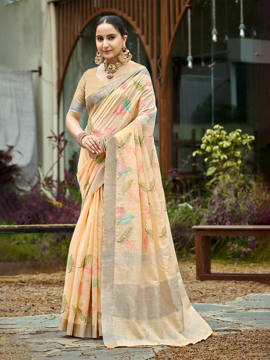 Sangam Prints Orange  Linen Woven Work Traditional Saree