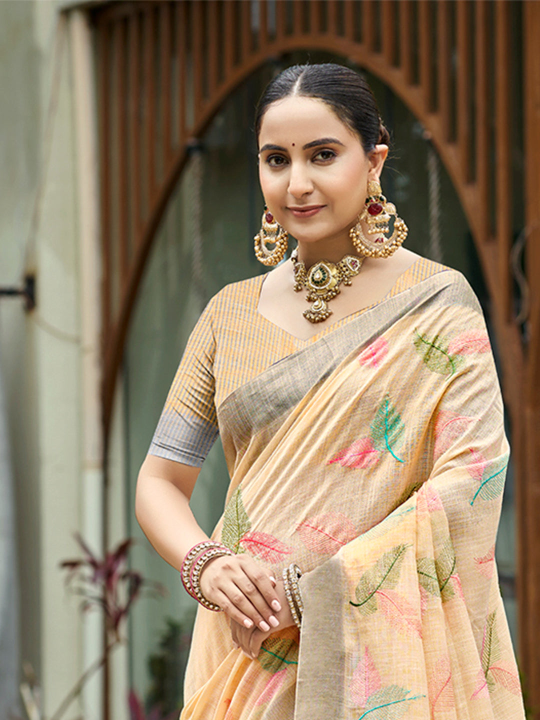 Sangam Prints Orange  Linen Woven Work Traditional Saree