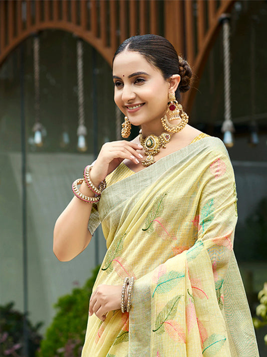 Sangam Prints Yellow Linen Woven Work Traditional Saree