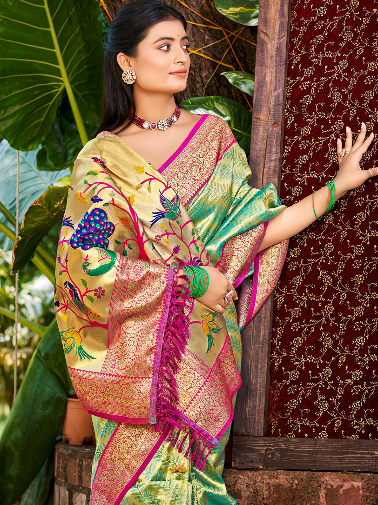 Sangam Prints Multi Color Kanjivaram Silk Woven Work Traditional Saree