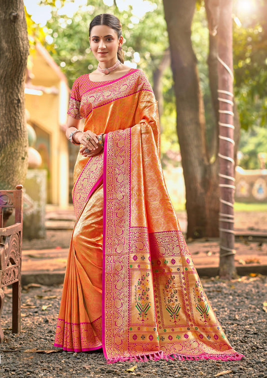 Sangam Prints Multi Color Kanjivaram Silk Woven Work Traditional Saree