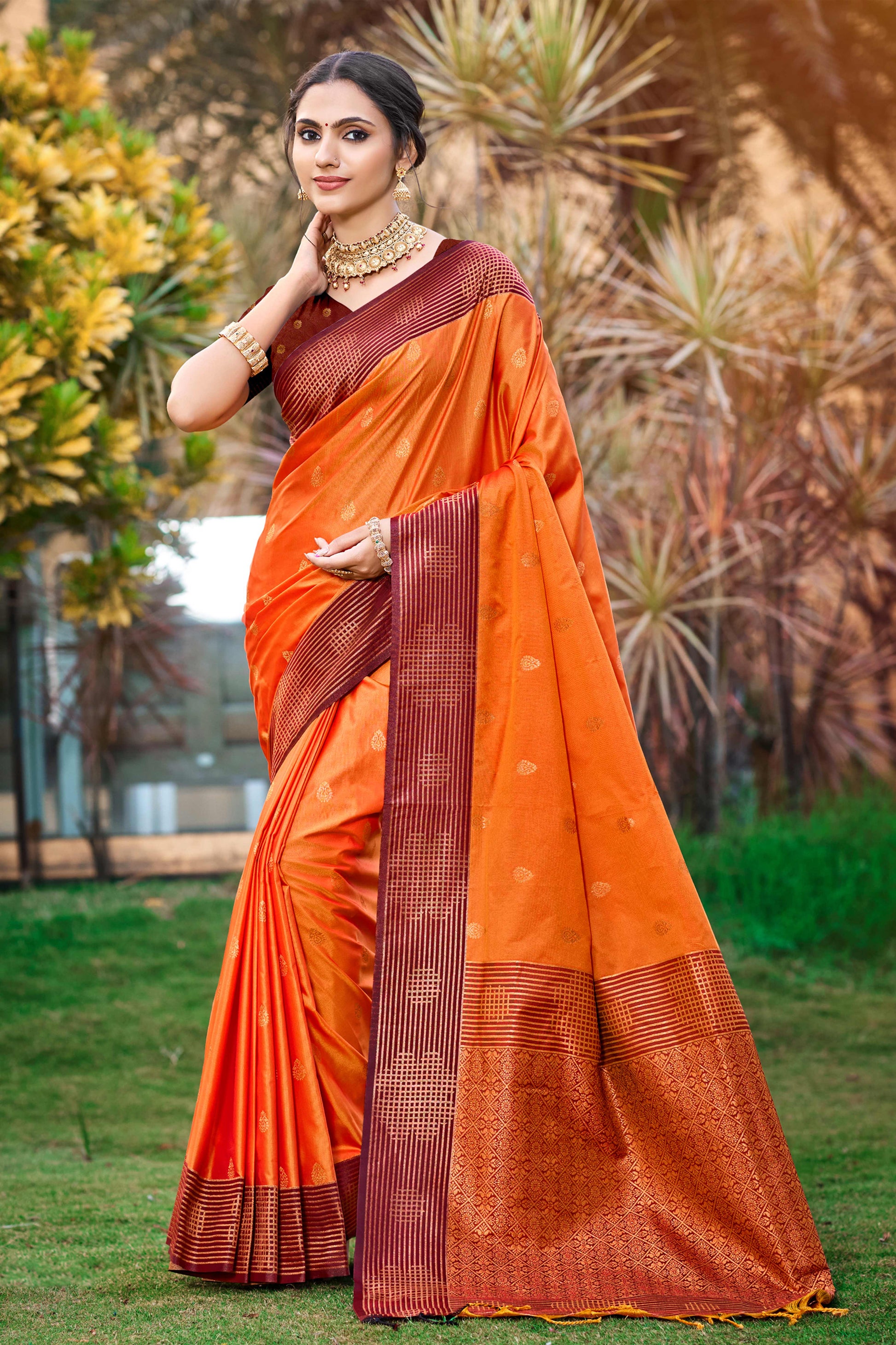 Sangam Prints Saffron Orange Soft Silk Woven Work Traditional Saree