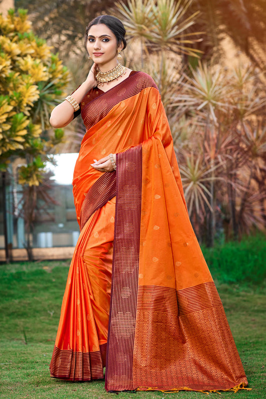 Sangam Prints Saffron Orange Soft Silk Woven Work Traditional Saree