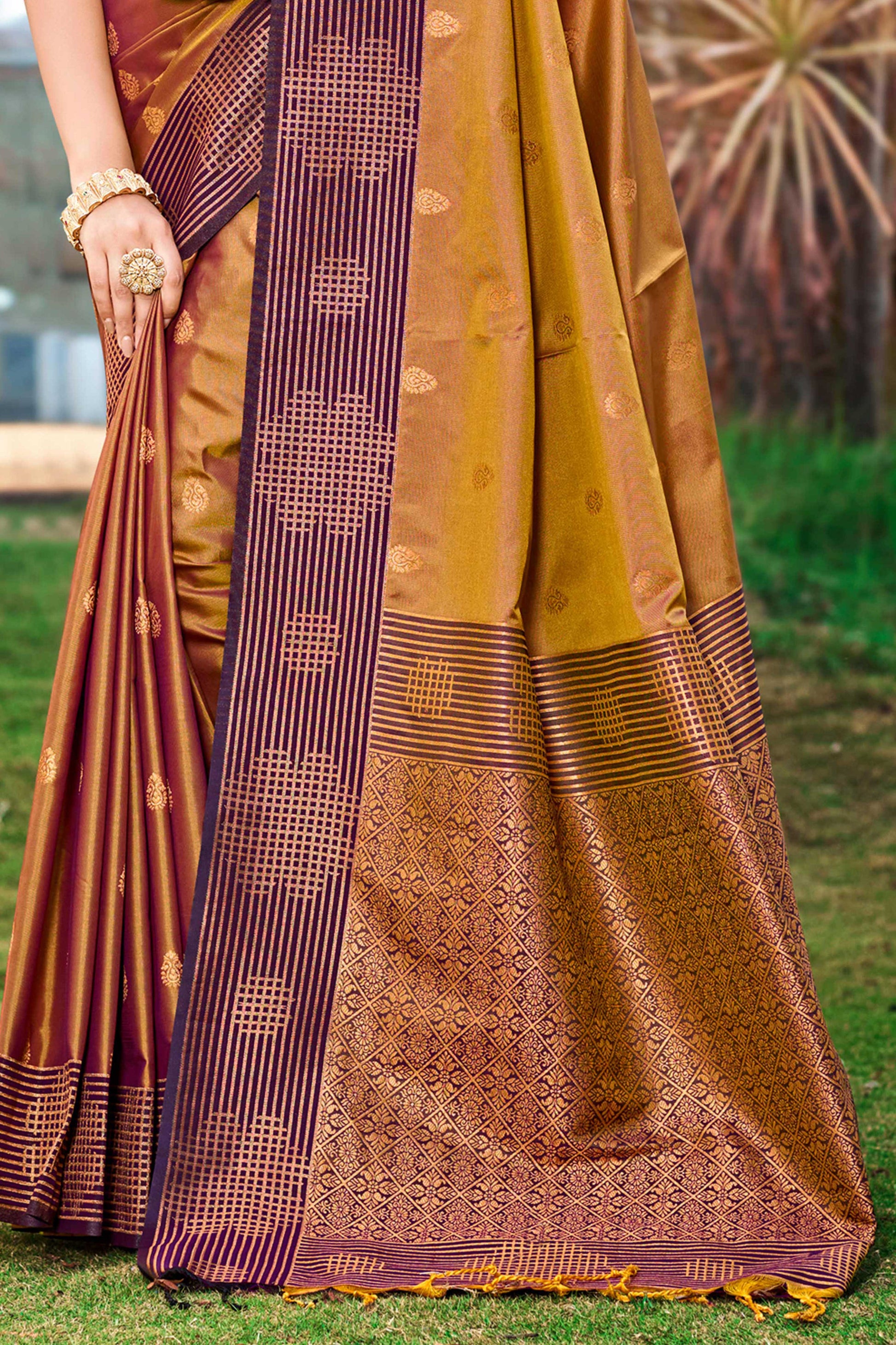 Sangam Prints Golden Brown Soft Silk Woven Work Traditional Saree