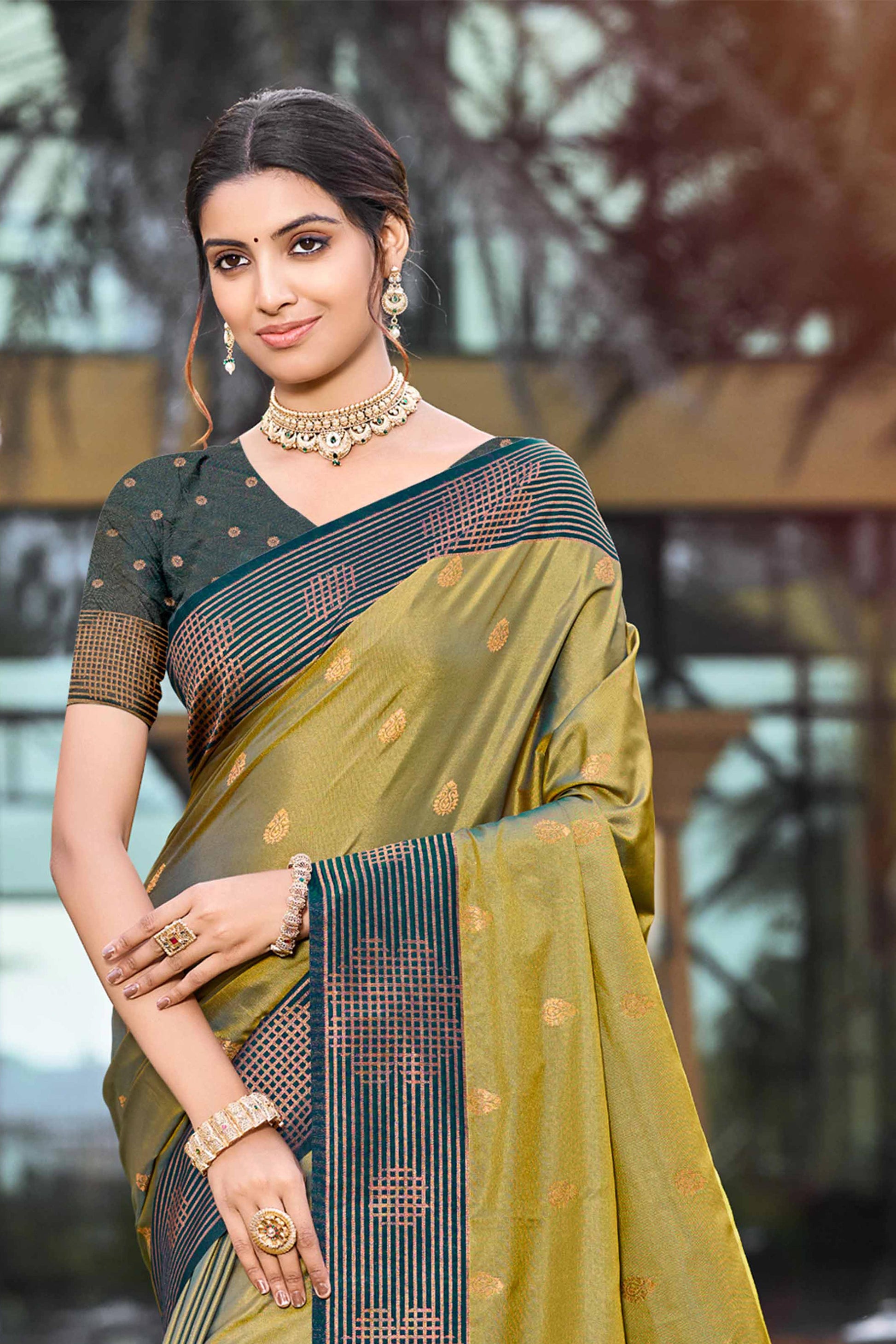 Sangam Prints Olive Green Soft Silk Woven Work Traditional Saree