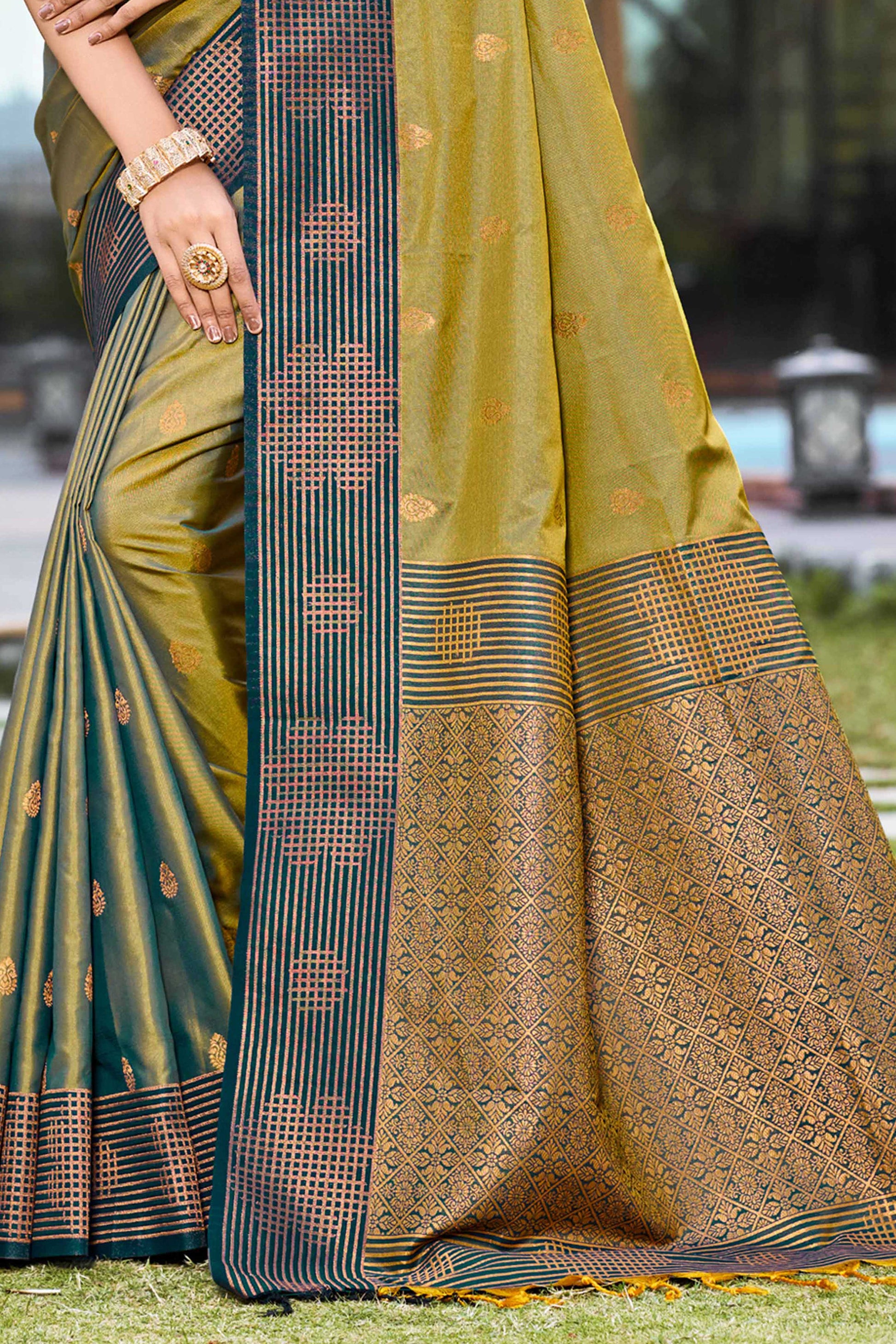 Sangam Prints Olive Green Soft Silk Woven Work Traditional Saree