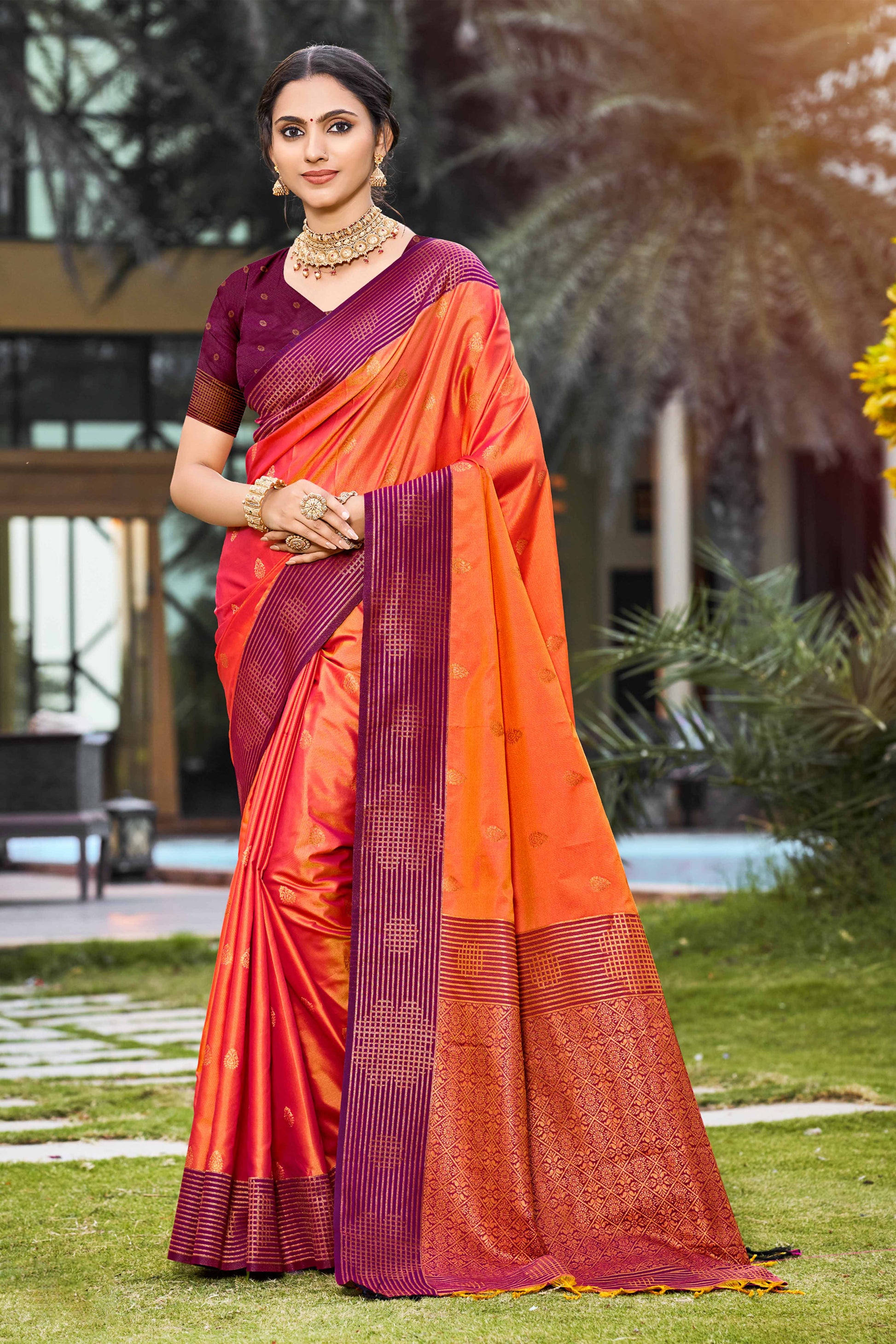 Sangam Prints Bright Orange Soft Silk Woven Work Traditional Saree
