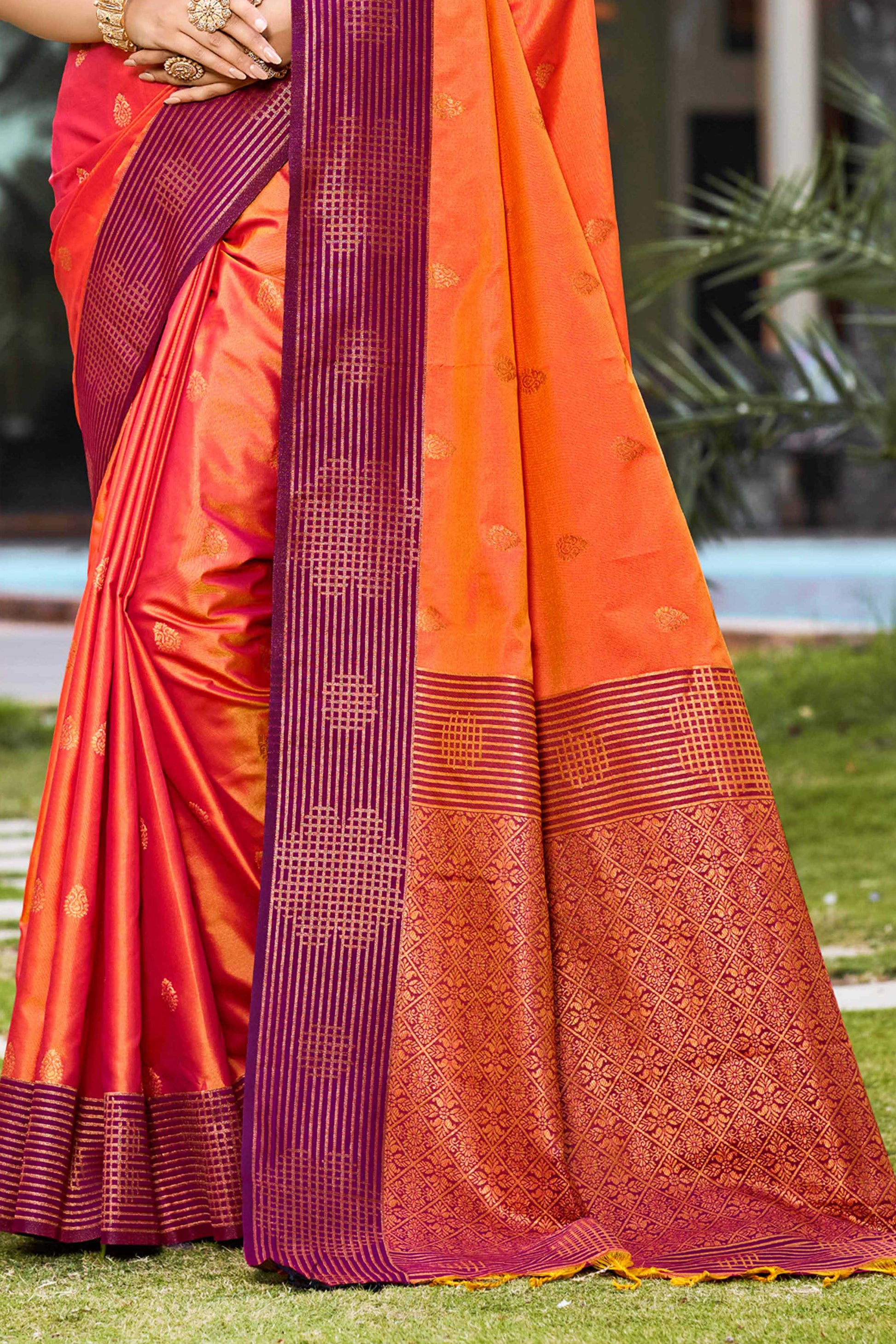 Sangam Prints Bright Orange Soft Silk Woven Work Traditional Saree