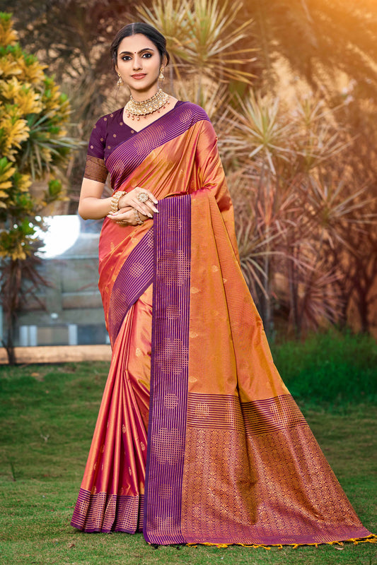 Sangam Prints Peach Orange Soft Silk Woven Work Traditional Saree