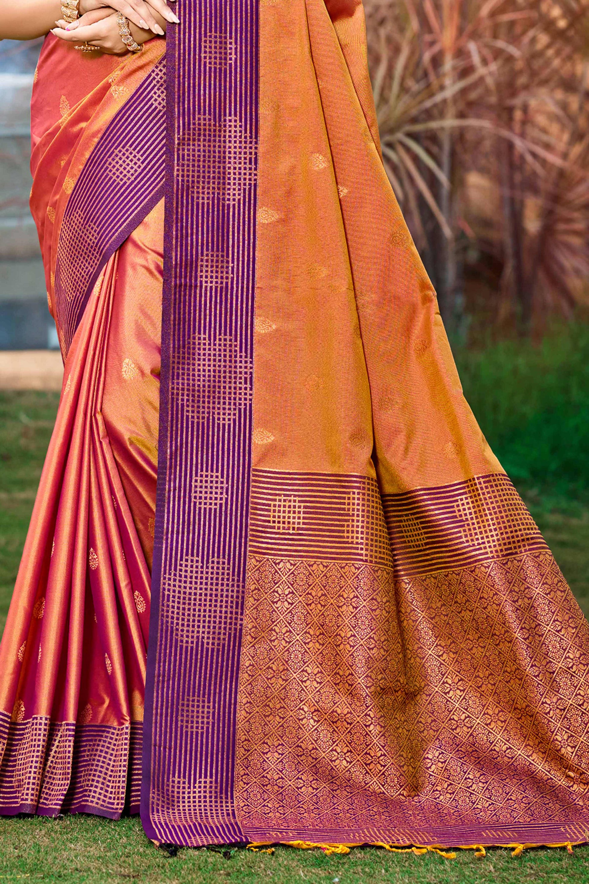 Sangam Prints Peach Orange Soft Silk Woven Work Traditional Saree