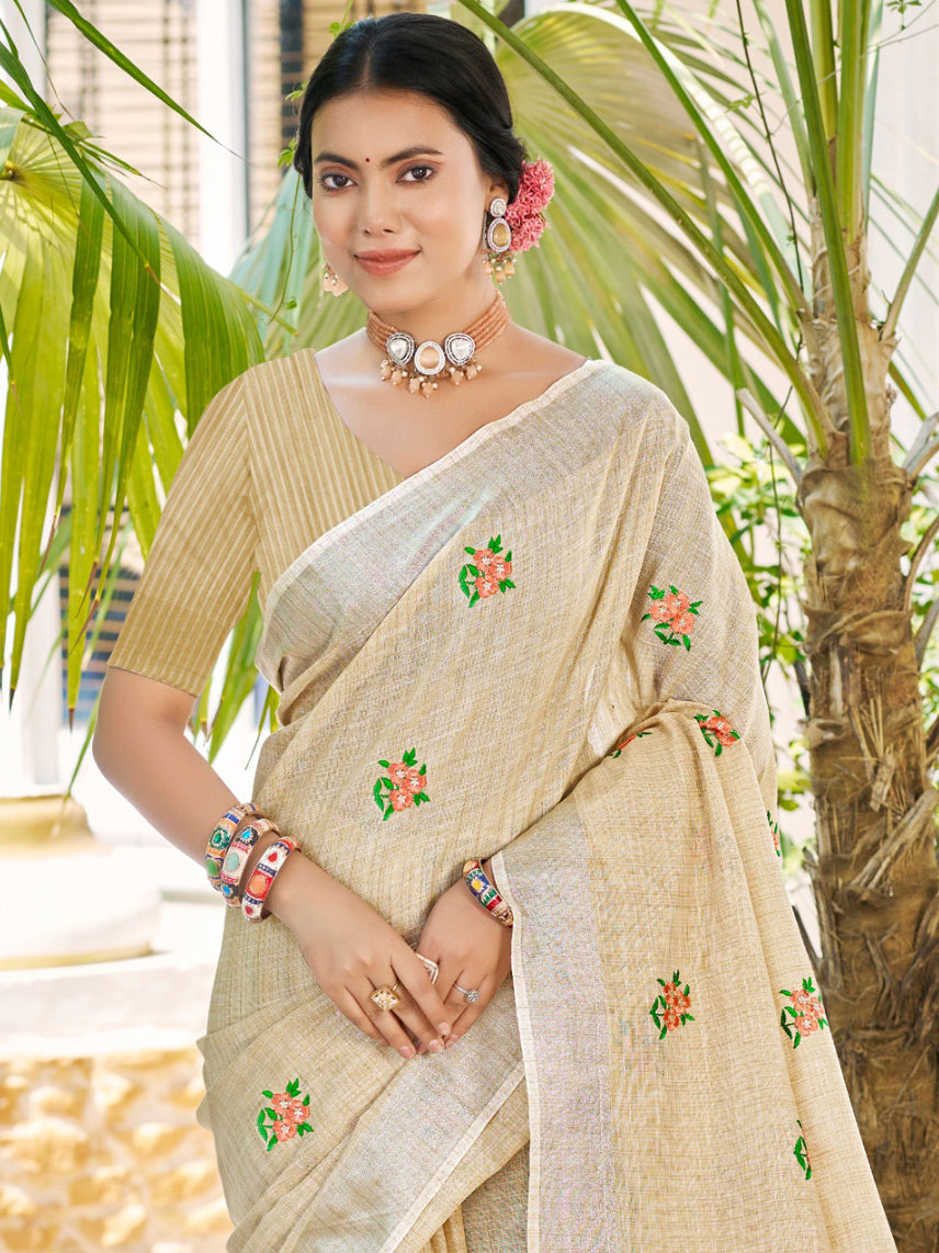 Sangam Prints Crem Linen Woven Work Traditional Saree