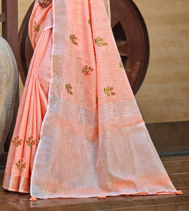 Sangam Prints Peach Linen Woven Work Traditional Saree