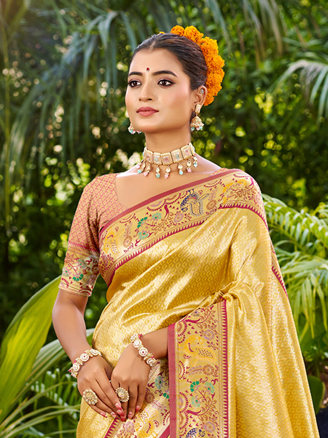 Sangam Prints Yellow Silk Woven Work Traditional Saree