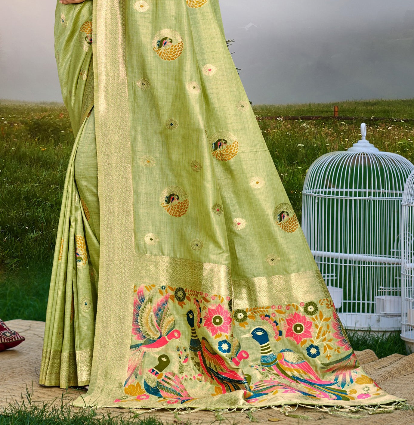 Sangam Prints Green Heavy Assam Silk Saree With Meena Woven Work Traditional Saree