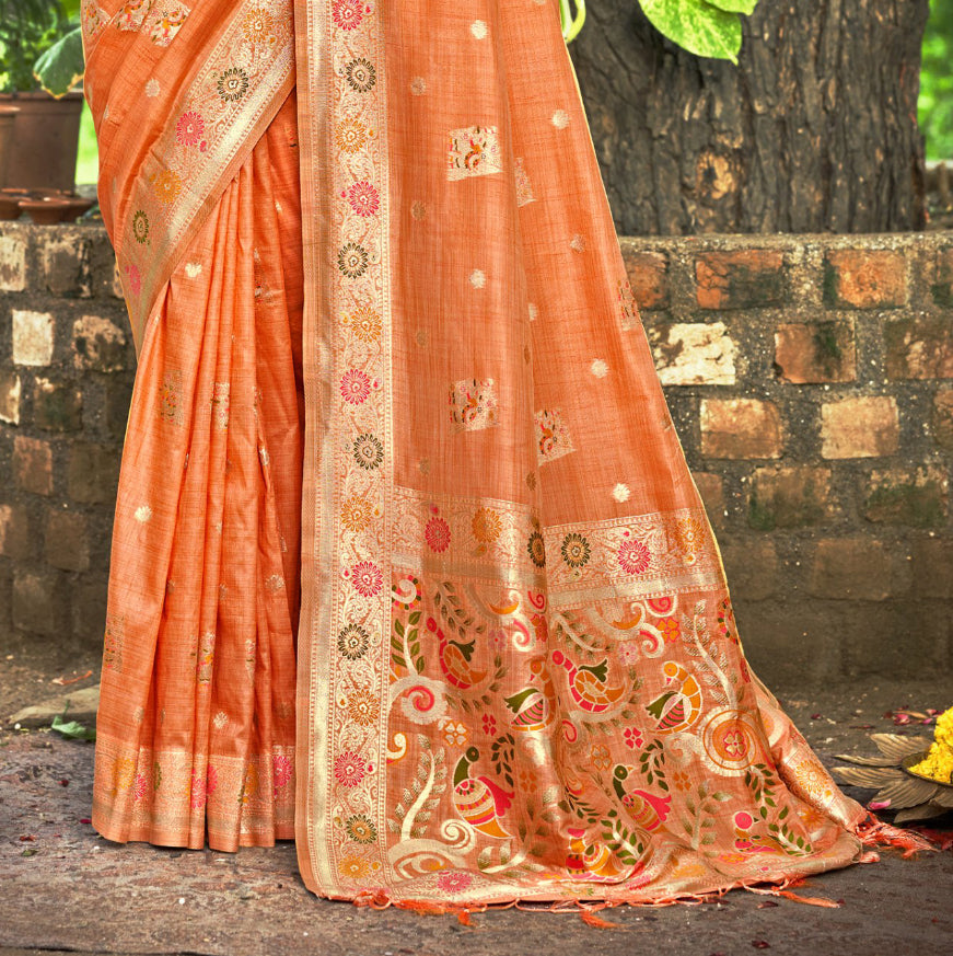 Sangam Prints Orange Heavy Assam Silk Saree With Meena Woven Work Traditional Saree