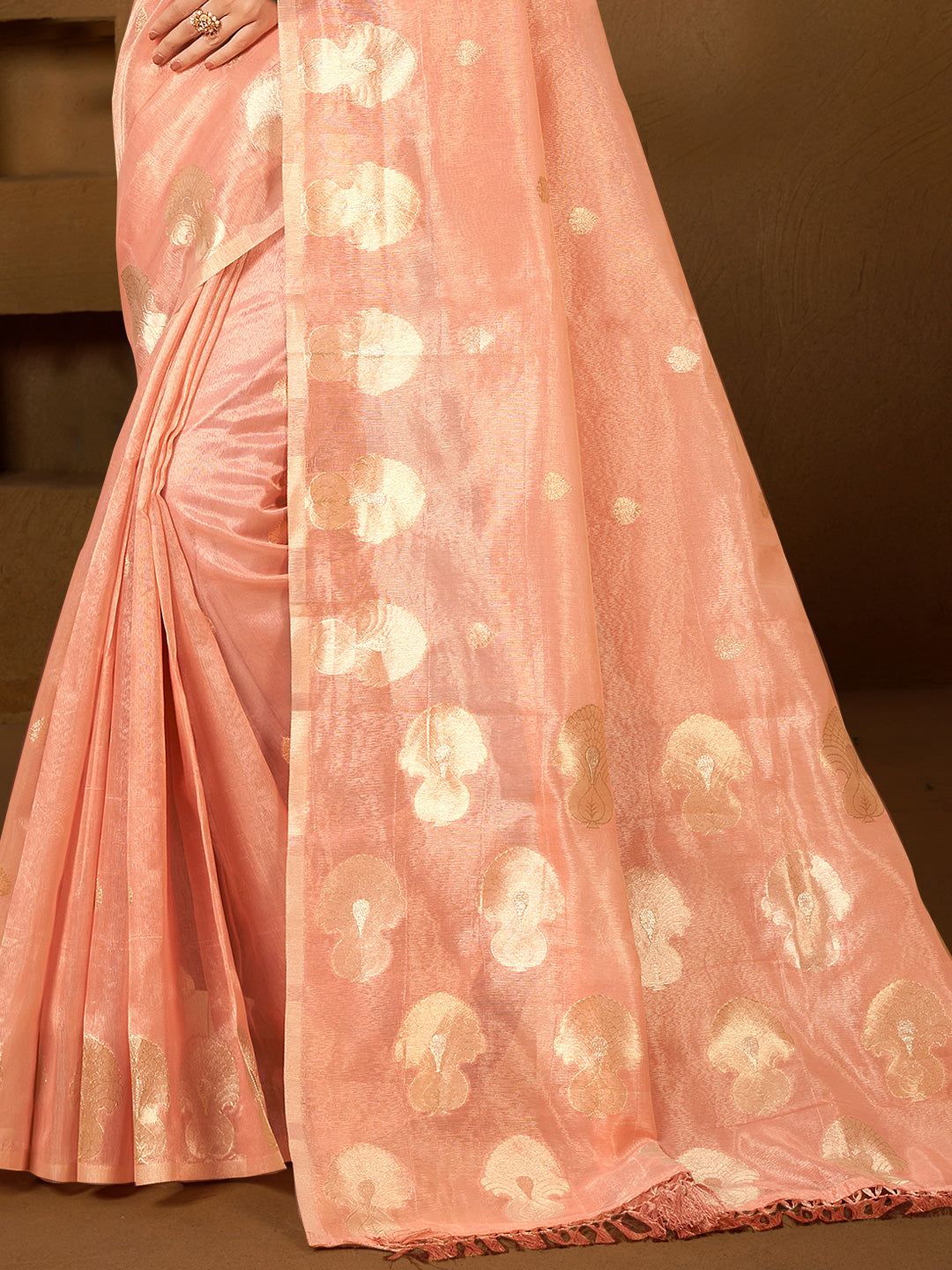 Sangam Prints Peach Munga Kota Woven Work Traditional Saree