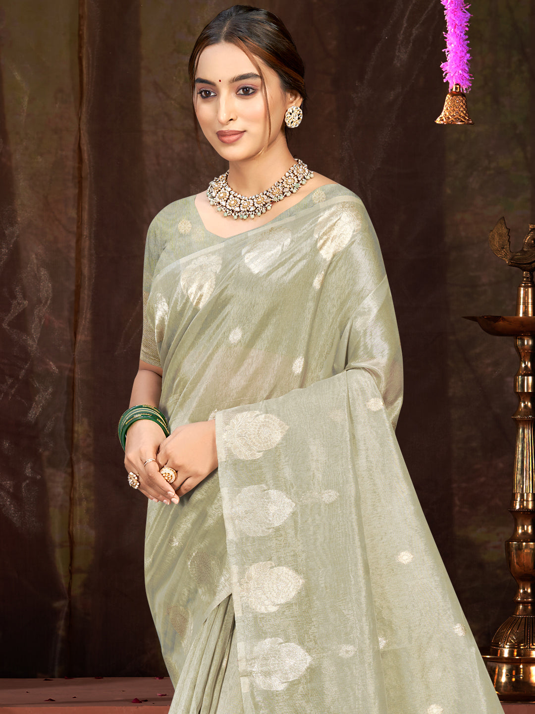 Sangam Prints Grey Munga Kota Woven Work Traditional Saree