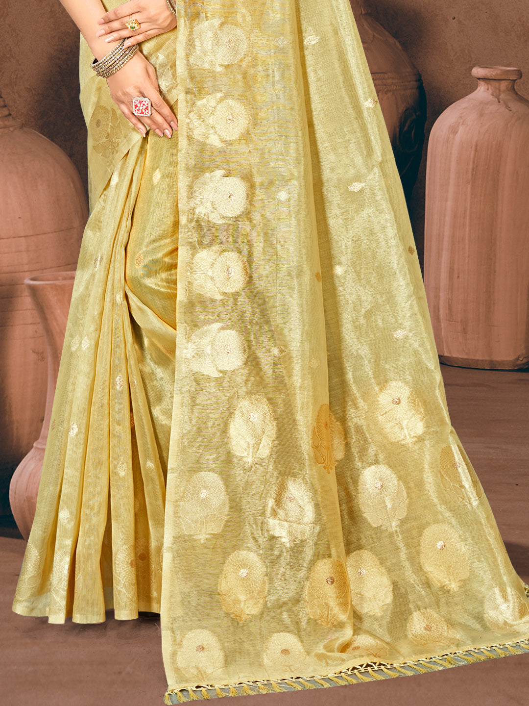 Sangam Prints Golden Munga Kota Woven Work Traditional Saree