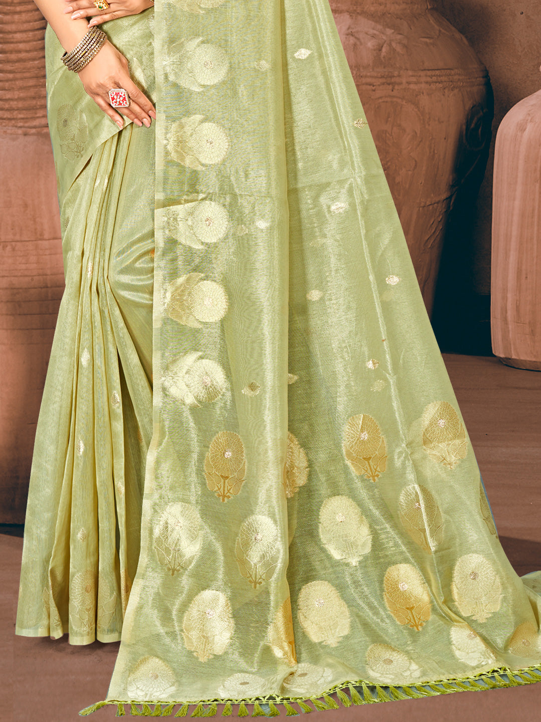 Sangam Prints Green Munga Kota Woven Work Traditional Saree