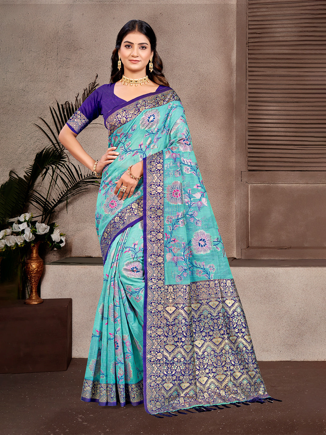 Sangam Prints Sky Blue Cotton Silk With Meena Woven Work Traditional Saree