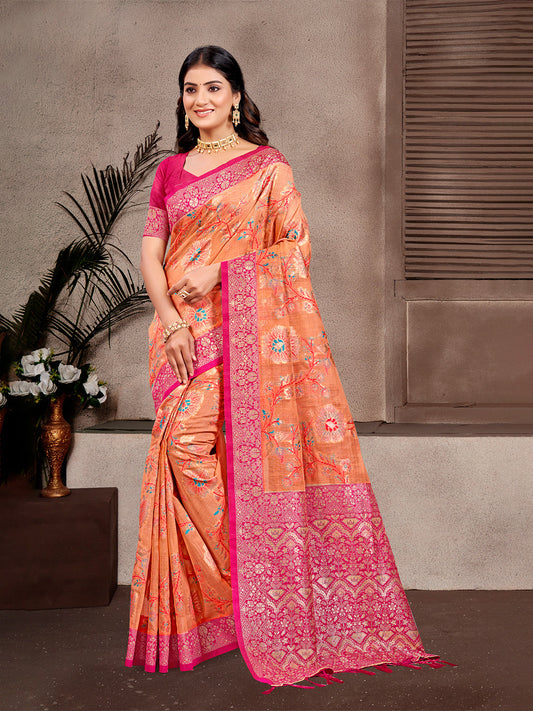 Sangam Prints Orange  Cotton Silk With Meena Woven Work Traditional Saree