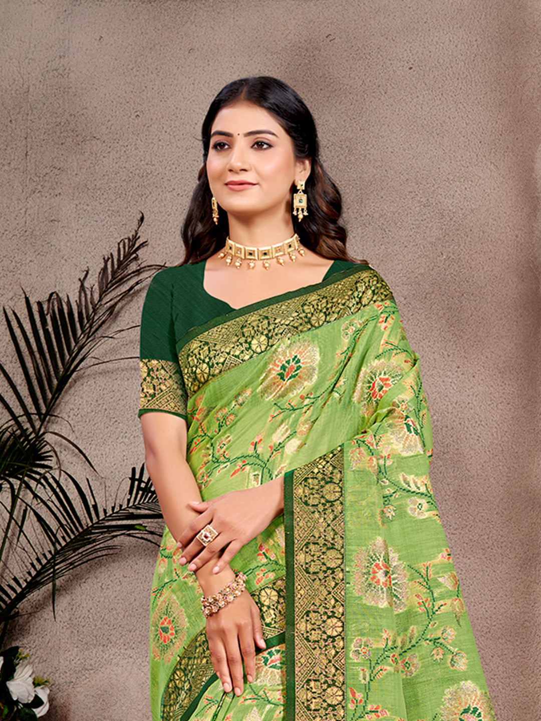 Sangam Prints Light Green Cotton Silk With Meena Woven Work Traditional Saree