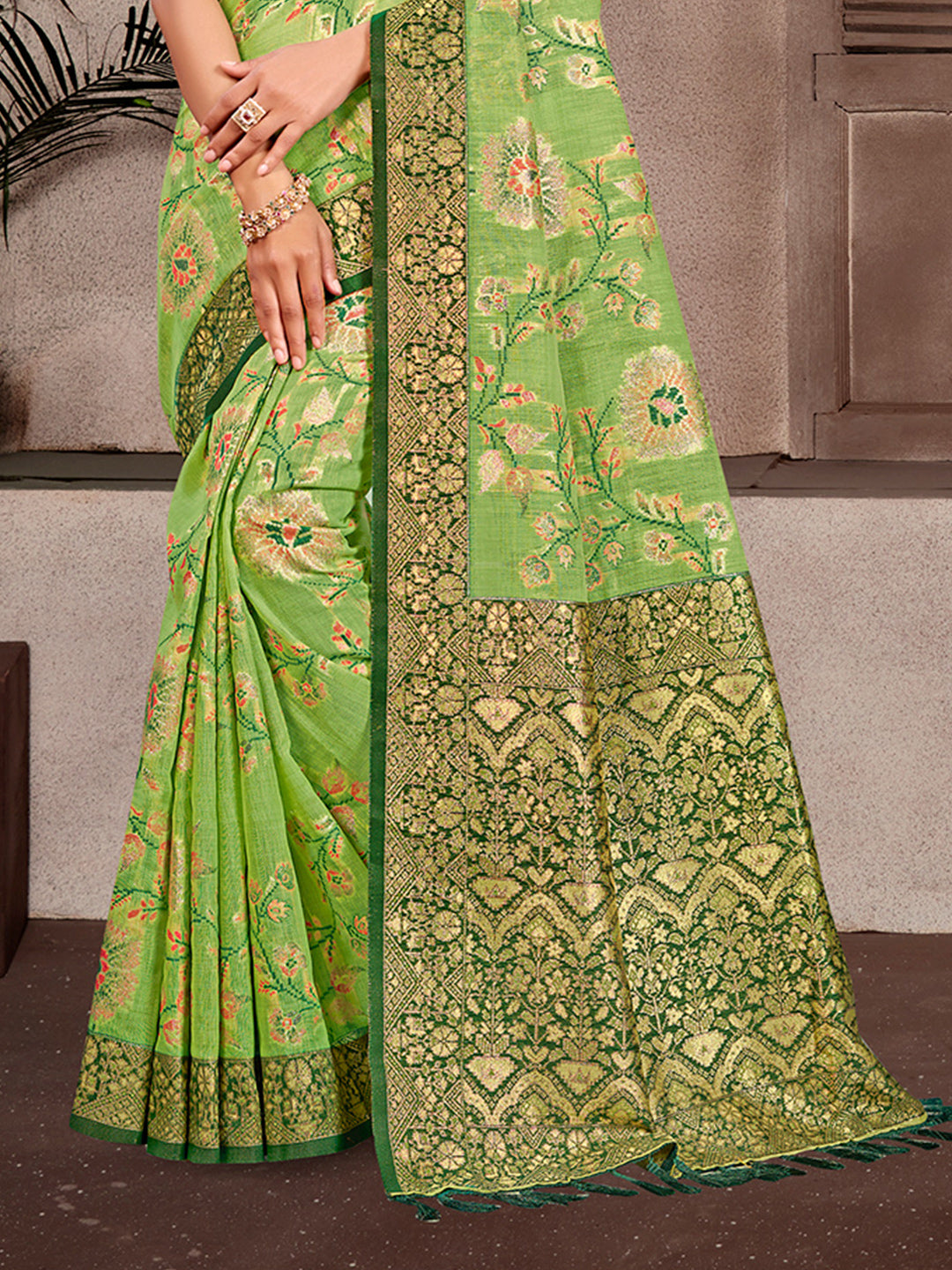 Sangam Prints Light Green Cotton Silk With Meena Woven Work Traditional Saree