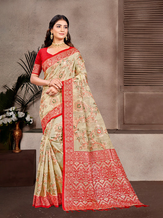 Sangam Prints Beige Cotton Silk With Meena Woven Work Traditional Saree