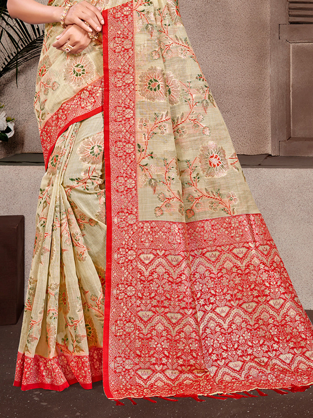 Sangam Prints Beige Cotton Silk With Meena Woven Work Traditional Saree