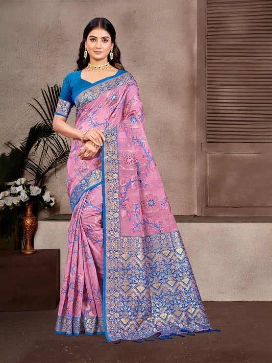 Sangam Prints Light Pink Cotton Silk With Meena Woven Work Traditional Saree