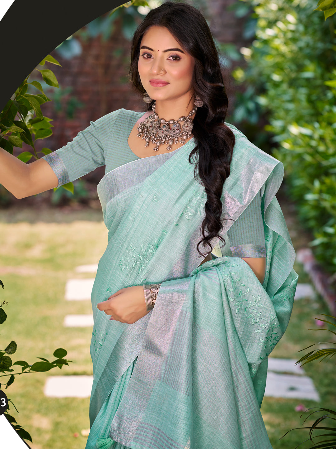 Sangam Prints Sea Green Linen Woven Work Traditional Saree