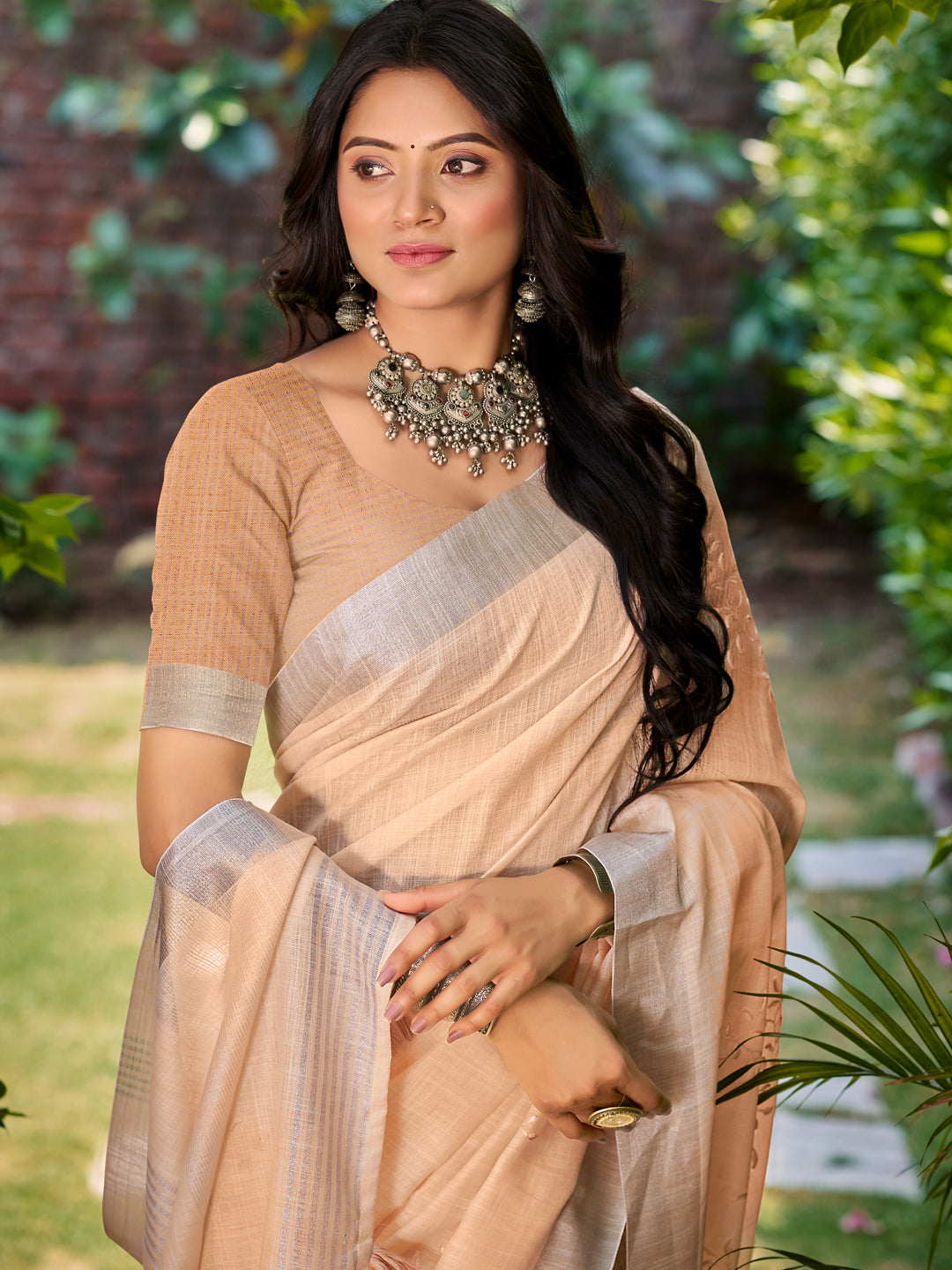 Sangam Prints Peach Linen Woven Work Traditional Saree