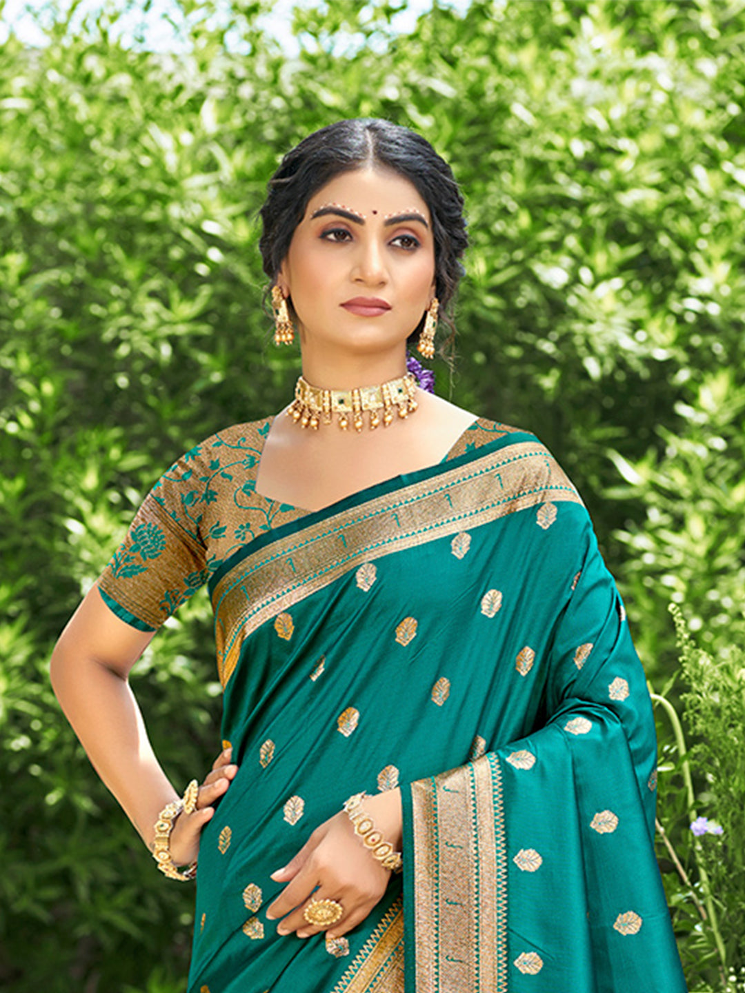 Sangam Prints Teal Green Silk Woven Work Traditional Saree