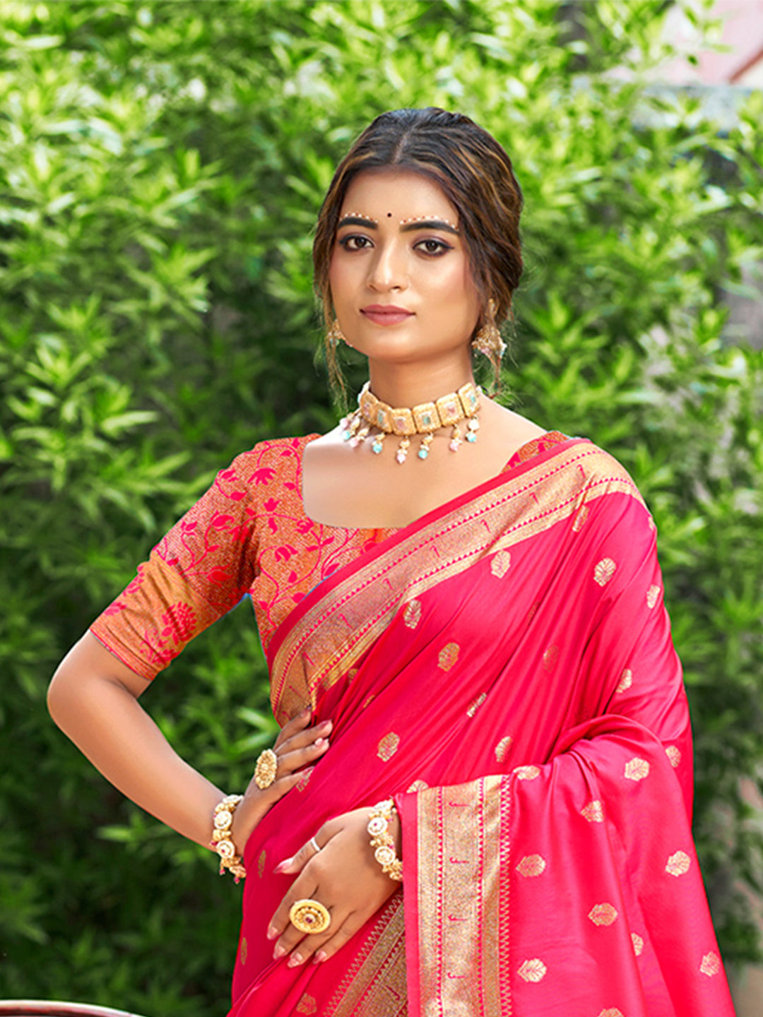 Sangam Prints Rani Pink Silk Woven Work Traditional Saree